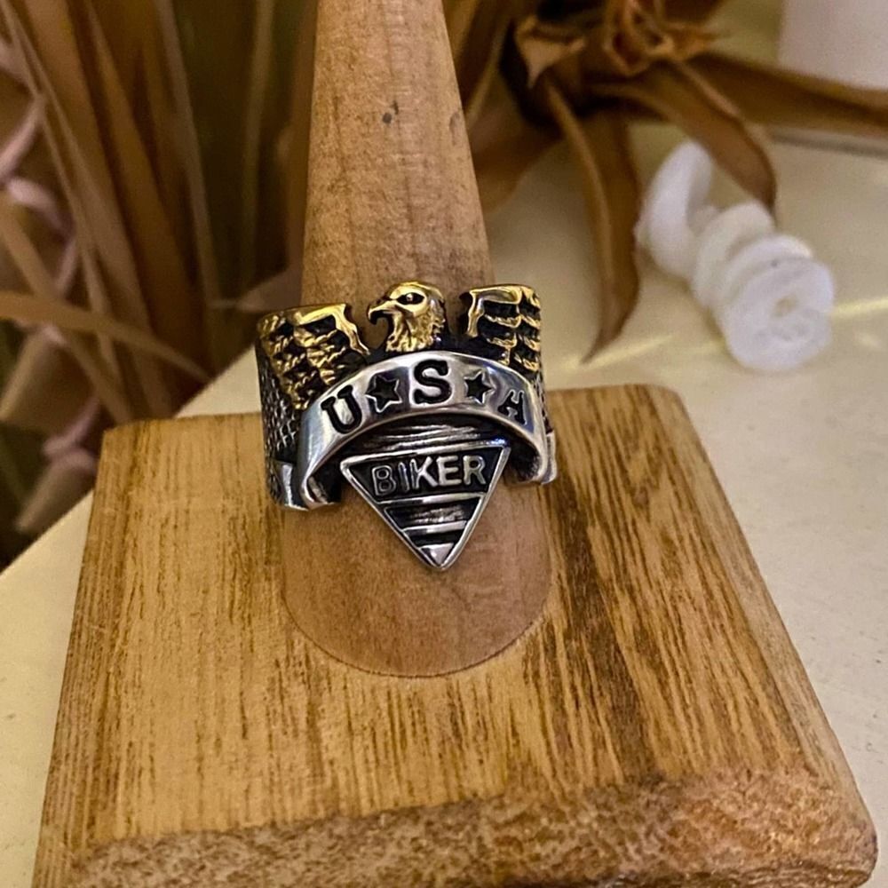 Mens USA Two-tone Biker Eagle Stainless Steel Ring Size 10